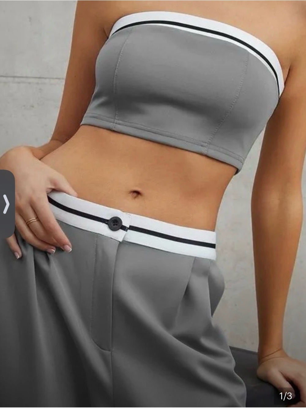 Commense Gray Bandeau Top and Wide-Leg Pants Set with White & Black Trim